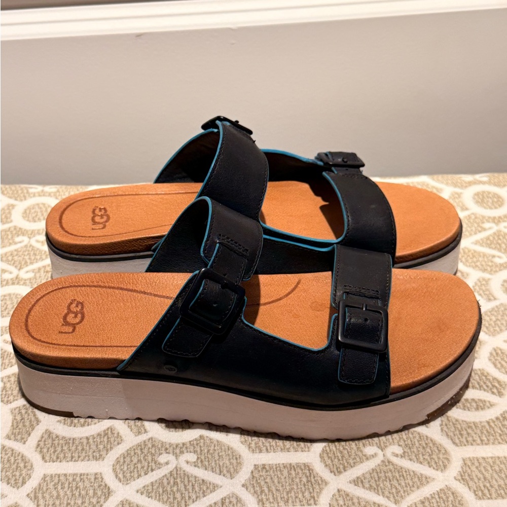 UGG HANNELI BLACK PLATFORM WEDGE LEATHER SLIPPERS 7.5.  worn only a few times. - Picture 2 of 9